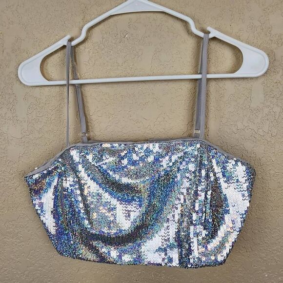 Gianni Bini Silver Sequin Bralette Top Large NWT (4283) - Picture 2 of 6